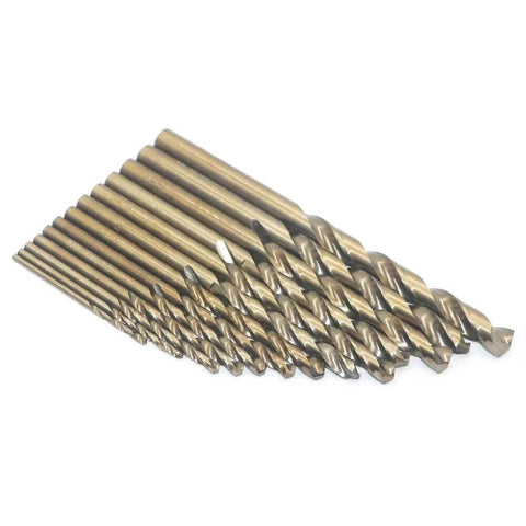 Metric cobalt drill bit set, 13 pcs, 1.5–6.5 mm, M35 HSS, straight shank for metal drilling.
