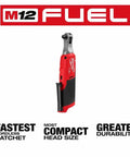 M12 Fuel High Speed Ratchet showcasing compact head size and durability in red, part of M18 Fuel Mid Torque Impact Wrench Paired With M12 Fuel High Speed Ratchet Two Piece Combo Kit Featuring RedLithium Xc50 Battery Cordless Gear Built To Kick Butt All Day Long.