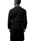 Back view of Sturdy Unisex Lab Coat, Classic 39 Inch Length, Pro Grade Medical Gear, Black, showing adjustable back belt and walking slit.