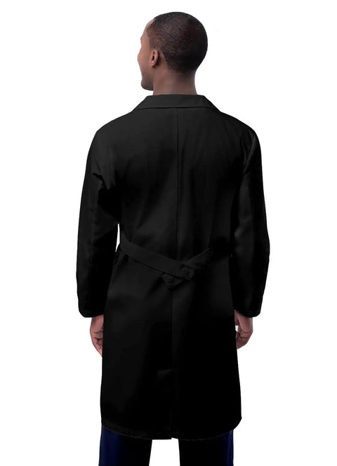 Back view of Sturdy Unisex Lab Coat, Classic 39 Inch Length, Pro Grade Medical Gear, Black, showing adjustable back belt and walking slit.
