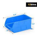Single blue bin from Wall Mounted Storage Bins System With 12 Sturdy Plastic Bins And 3 Steel Rails For Screws Nuts Bolts Nails And Small Hardware Parts Blue Garage Organization To Keep Your Workshop Lookin Neat And Ready, shown with dimensions 6.3 x 4 x 3.2 inches.