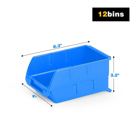 Single blue bin from Wall Mounted Storage Bins System With 12 Sturdy Plastic Bins And 3 Steel Rails For Screws Nuts Bolts Nails And Small Hardware Parts Blue Garage Organization To Keep Your Workshop Lookin Neat And Ready, shown with dimensions 6.3 x 4 x 3.2 inches.