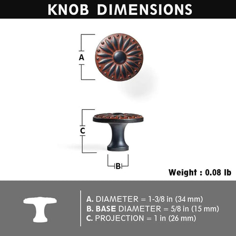 Knob dimensions for Six Pack Fresh Distressed Rust Red Cabinet Knobs With Killer Vintage Floral Medallion Details Cast From Heavy Duty Zinc Alloy.