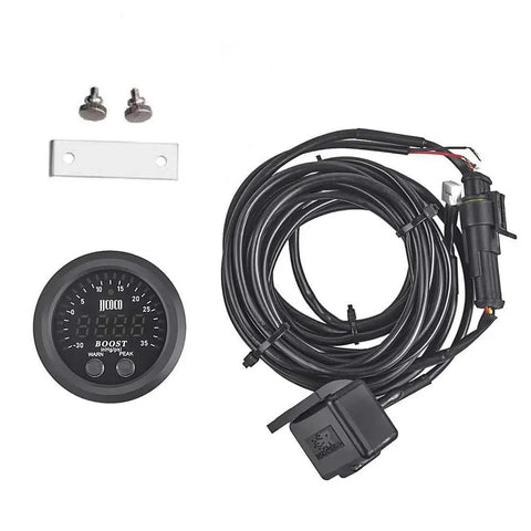 Dope Universal Turbo Boost And Vacuum Gauge Kit With Red LED Display 2 1 16th Inch Gauge Reads 0-35 PSI Boost And -30 To 0 InHg Vacuum Plug-and-Play For Turbocharged And Supercharged Cars. 2-1/16 inch gauge, wiring, sensor, and mount