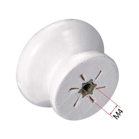 Five Piece White Wooden Cabinet Knobs For Kitchen Drawers And Cupboard Doors, Decorative Round Furniture Pulls With Included Screws, A quick look at a white knob with M4 screw fitting.