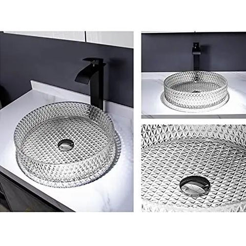 Bathroom Vessel Sink - Tempered s Wash Basin for Bar & Cloakroom, Countertop Vani Sink with Accessories, White Design for Home Decor, round glass sink