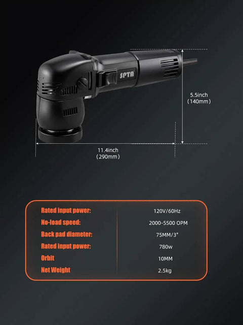 Compact 3 Inch Orbital Polisher With 10mm Orbit 780W Variable Speed Dual Action Ergonomic Grip Includes Polishing Pads Sanding Discs And Pad Conditioning Brush For Quick Easy Detailing, side view showing measurements.