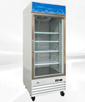 Top Shelf Commercial Freezer Slick Glass Door Reach In Display Merchandiser with three shelves and transparent front.