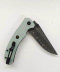 Damascus Pocket Folding Knife with 3.26 Inch Sharp Blade and G10 Handle, open position displaying unique Damascus pattern