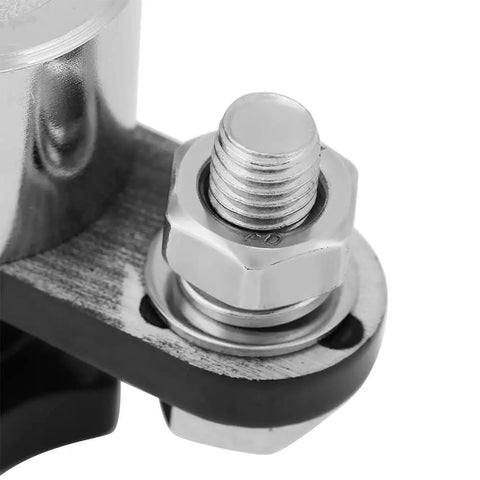 Close-up of Rock Solid Heavy Duty 200A Magnetic Welding Ground Clamp connection showing a sturdy bolt and nut detail.