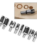 Straight Shooter Eight Piece Wood Plug Cutter Drill Bit Set Built Different Using Hardcore High Carbon Steel For Seamless Countersinks and home fixes, various sizes.