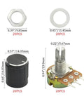 20 Pack High Quality B10K 10K Ohm Knurled Shaft Linear Rotary Potentiometers With Black Knob Kit WH148 Includes Nuts Washers Caps