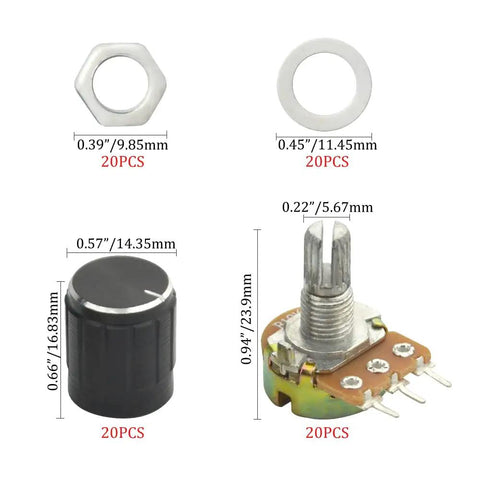 20 Pack High Quality B10K 10K Ohm Knurled Shaft Linear Rotary Potentiometers With Black Knob Kit WH148 Includes Nuts Washers Caps