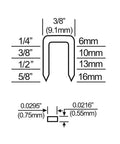 Diagram showing dimensions for staples used with Pneumatic Upholstery Stapler With 22 Gauge Three Eighths Inch Crown And One Quarter To Five Eighths Inch Staples.