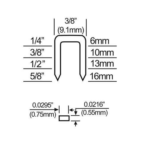 Diagram showing dimensions for staples used with Pneumatic Upholstery Stapler With 22 Gauge Three Eighths Inch Crown And One Quarter To Five Eighths Inch Staples.