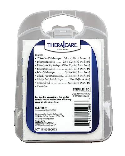 Back view of TheraCare first aid bandage kit, 36-count, clear plastic case with blue and white label