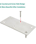 No Fuss Four Pack Heavy Duty Mending Plates Stainless Steel Straight Brackets showing countersunk screw holes and hardware.
