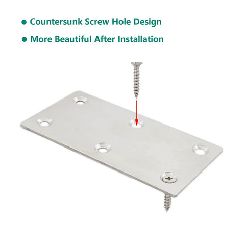 No Fuss Four Pack Heavy Duty Mending Plates Stainless Steel Straight Brackets showing countersunk screw holes and hardware.