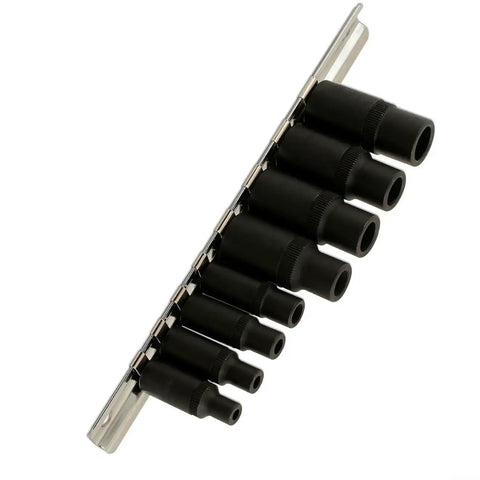 8-piece magnetic tap socket set on holder, showcasing the Magnetic Tap Socket Set For One Quarter And Three Eighths Drive Thread Cutting Tap Adapters And Rethreading Tool For Tight Spaces Chrome Vanadium Sockets With Square Drive Holder Metric One Point Five To Twelve Millimeters