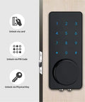 Heavy Duty Smart Door Lock With Smooth Touch Screen Keypad, featuring unlocking options via card, PIN, and physical key.