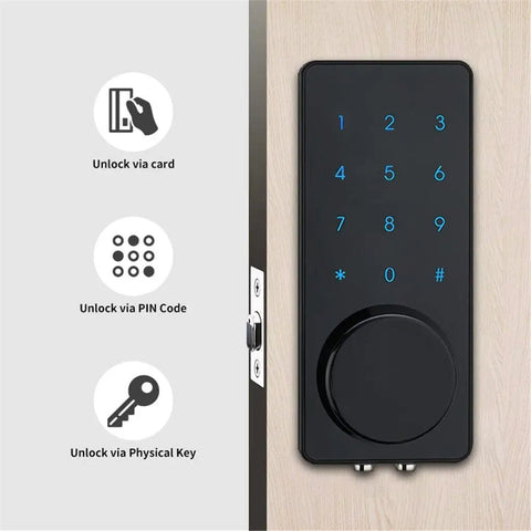 Heavy Duty Smart Door Lock With Smooth Touch Screen Keypad, featuring unlocking options via card, PIN, and physical key.