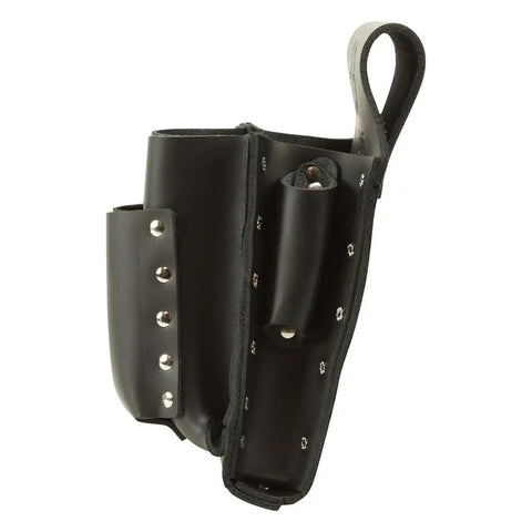 8 Pocket Tool Pouch With Tunnel Belt Loop For Real Pros Durable Leather Construction Four Large Utility Pockets Two Pliers Pockets Two Screwdriver Pockets Knife Snap Fits Belts Up To Two And A Half Inches, side view