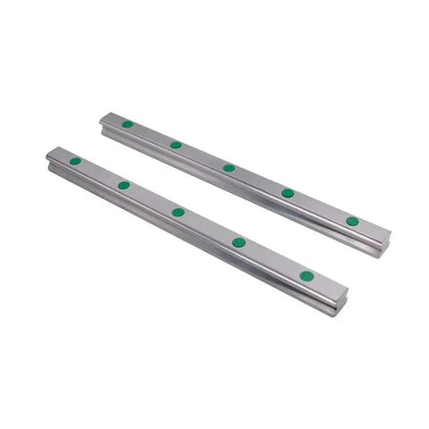 Shop Grade HGR25 Steel Linear Guide Rail With Matching Slider Moves Smooth As Silk On Any Cnc Router Or 3d Printer Diy Build Rock Solid Precision Track, showing two steel rails with green mounting holes.