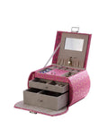 Open Eight Point Eight Inch Hot Pink Travel Jewelry Organizer Case With Built In Mirror And Snug Pockets, showcasing compartments and drawers.
