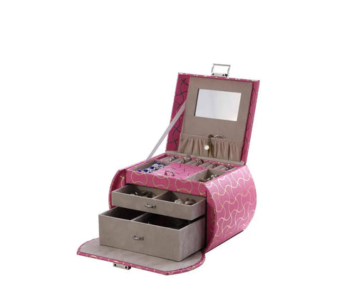 Open Eight Point Eight Inch Hot Pink Travel Jewelry Organizer Case With Built In Mirror And Snug Pockets, showcasing compartments and drawers.