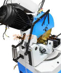 14 Inch Cold Cut Circular Saw With Heavy Duty Stand, Swivel Base Pro Grade Rig For Precision Metal Cutting, 220V 3 Phase, close-up view of motor and cutting disc.