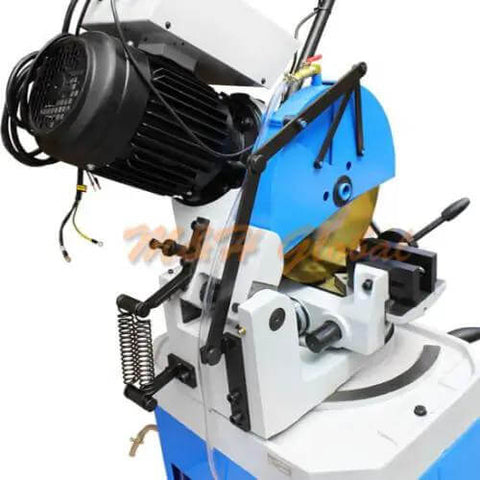 14 Inch Cold Cut Circular Saw With Heavy Duty Stand, Swivel Base Pro Grade Rig For Precision Metal Cutting, 220V 3 Phase, close-up view of motor and cutting disc.