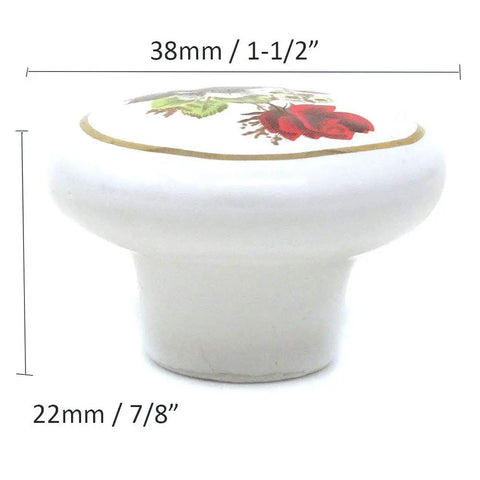 Six Pack Of One Point Five Inch Hand Painted Ceramic Knobs For Kitchen Cabinets And Dresser Drawers Retro Vintage Red Rose Pulls With A Top Shelf Smooth As Butter Finish That Takes Your Space To The Next Level Today - close-up view with dimensions and design details.