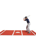 Player using Backyard Baseball Hitting Mat For Practice, 3.8ft By 10ft Artificial Turf With White Batters Box Lines and Home Plate.