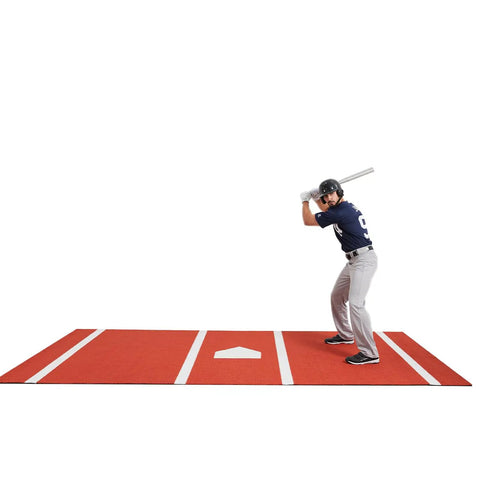 Player using Backyard Baseball Hitting Mat For Practice, 3.8ft By 10ft Artificial Turf With White Batters Box Lines and Home Plate.