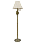 Wellington Steel Swing Arm Floor Lamp In Antique Brass, Adjustable with Round Faux Silk Shade for Modern Living Room