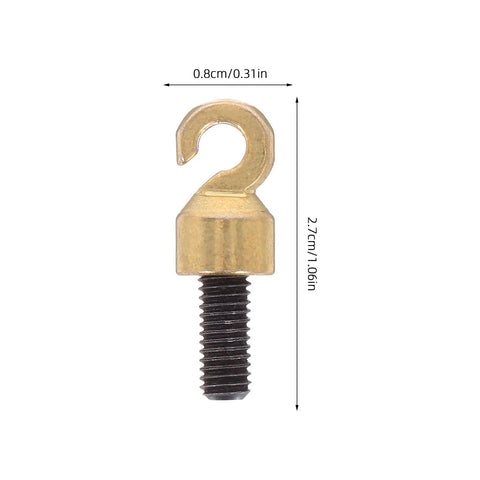 Golden metal hook from Vintage Grandpa Clock Repair Weight Kit With Shell Hook And Nut Replacement Parts M5 shown with dimensions.