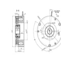 Spring electromagnetic power-loss brake for S110 servo/stepper motor, front and side blueprint views