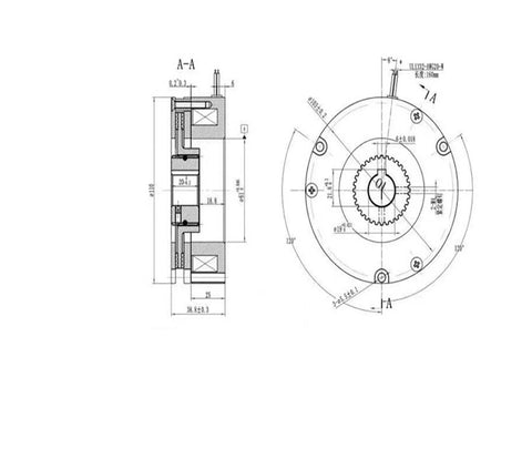 Spring electromagnetic power-loss brake for S110 servo/stepper motor, front and side blueprint views