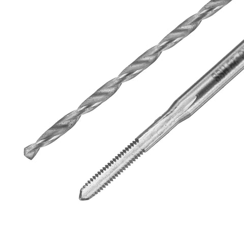 Close-up of Tap And Drill Bit Set with 2-56 UNC taps and 1.8mm drills, HSS 6542 high speed steel, for durable clean threads