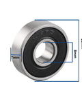 Close-up of 608RS ball bearing, 8x22x7 mm, double rubber-sealed steel bearing.