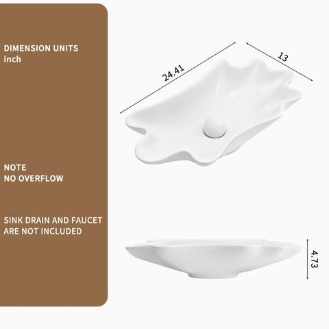 HAOCHRYSYPH Ceramic Shell Vessel Sink Bowl, Milk White, 24.41x13x4.73 in, top view with dimensions displayed.