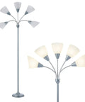 Five Head Floor Lamp With Adjustable Gooseneck Arms And Large Frosted Shade For E26 A19 Bulbs Perfect Reading Light, silver finish