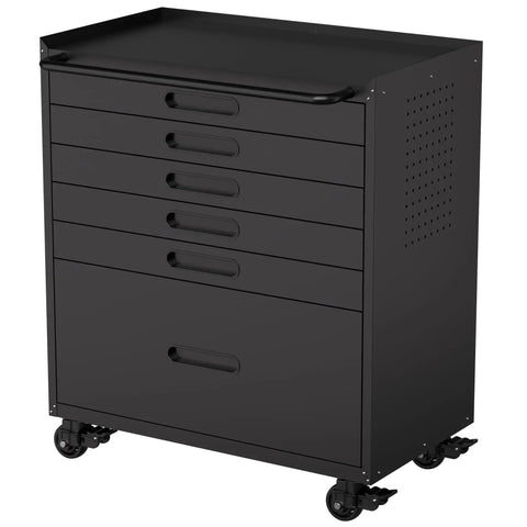 Heavy Duty Rolling Tool Chest With Six Full Extension Drawers And Whisper Quiet Tracks, Easy Glide Wheels in sleek black finish.