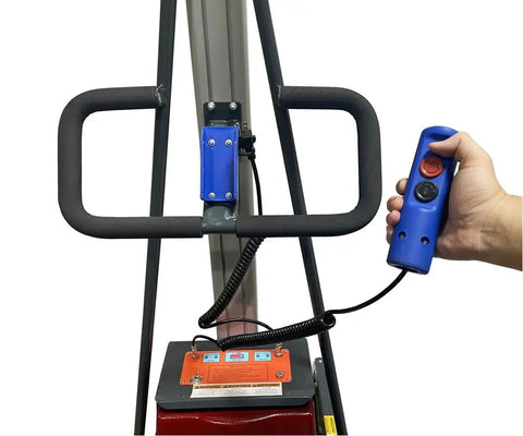 Heavy Duty Electric Work Positioner Truck With Remote Control 330 Lb Capacity And 70 Inch Ram Lift Height, showing remote control in hand.