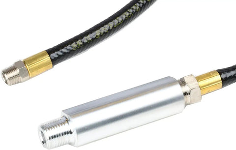 Big League Air Scribe Engraving Pen With Rolling Throttle And 13500 Blows Per Minute For Quick Marking On Metal Glass And Stone Featuring Lightweight Ergonomic Build And Solid One Eighth Inch Hex Shank For Straight Shooting Job Work air hose connector with aluminum body and black rubber hose.