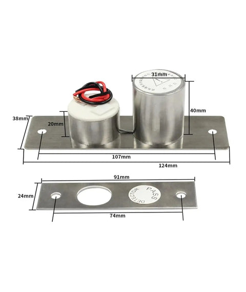 Heavy Duty Electric Drop Bolt Lock With Magnetic Induction And Steady DC 12V Power For Smooth Sliding and Dead Nuts Security On Any Home Gate Or Office Entryway, showing metal components with measurements.