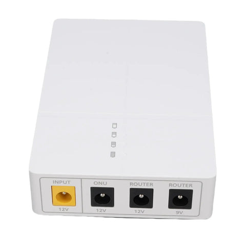 Portable DC UPS Backup Power Supply With 6000mAh Battery, white power unit with multiple input/output ports.