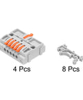 4 Pack Din Rail Quick Terminal Blocks Plug And Play Wire Splitter Connector One In Five Out 32 Amp Heavy Duty Electrical Harness Kit parts, 4 connectors, gray and orange design.