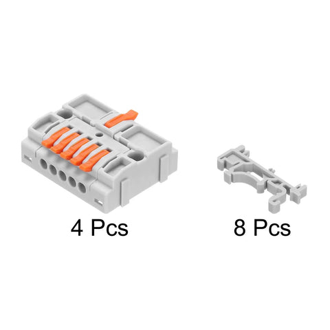 4 Pack Din Rail Quick Terminal Blocks Plug And Play Wire Splitter Connector One In Five Out 32 Amp Heavy Duty Electrical Harness Kit parts, 4 connectors, gray and orange design.