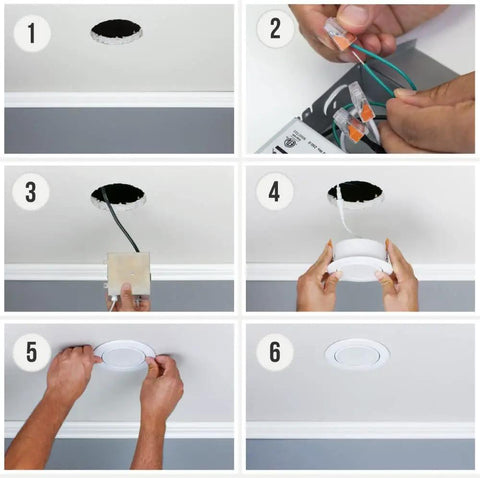 Installation process of 4 Pack 4-Inch Gimbal LED Recessed Downlights 2700K-6000K Color Temperature Adjustable Dimmable.